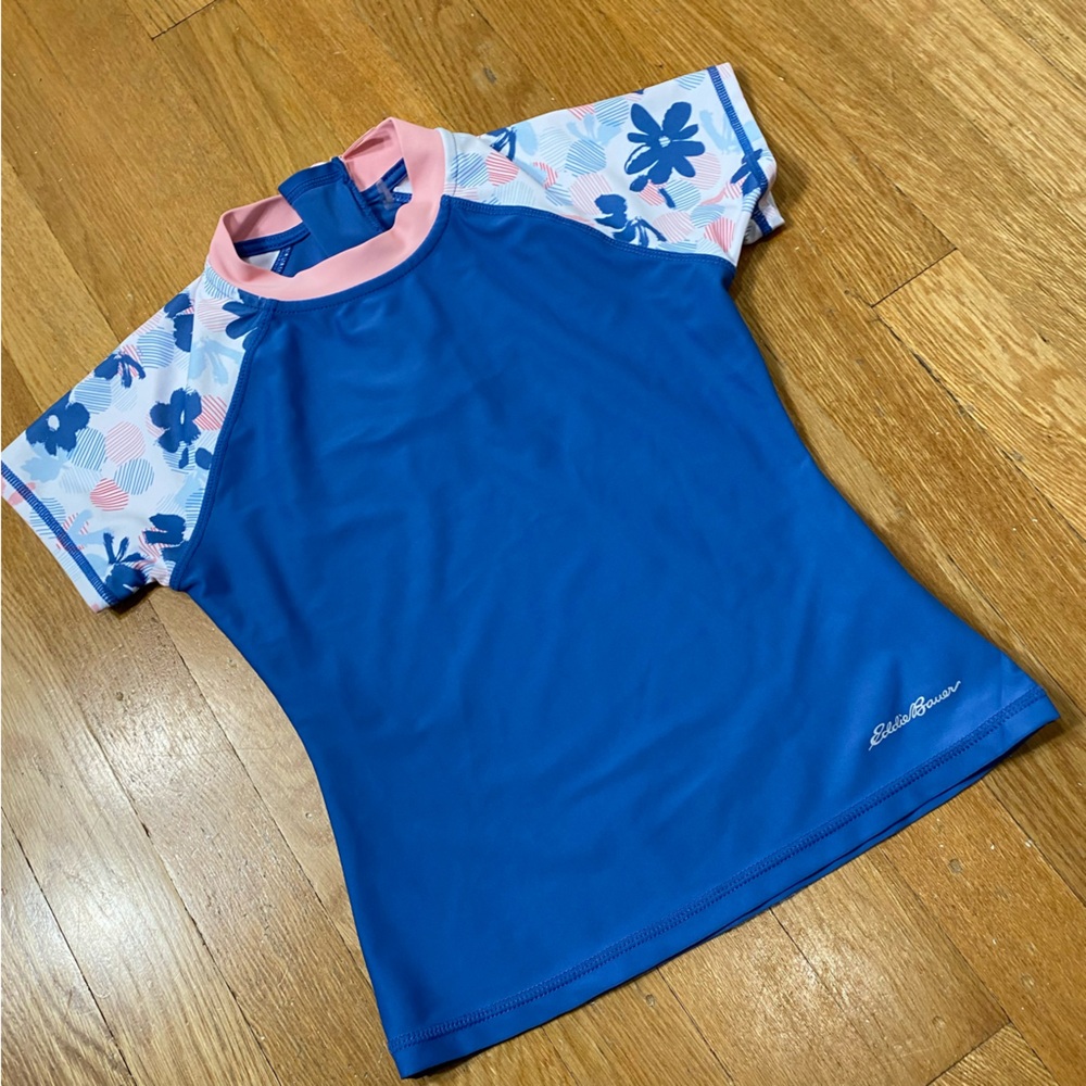 Eddie Bauer Short Sleeve Rash Guard Swim Top Kids  Blue Pink S (7/8)